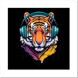 t-shirt design, colorful tiger with headphones on, graffiti art Posters and Art